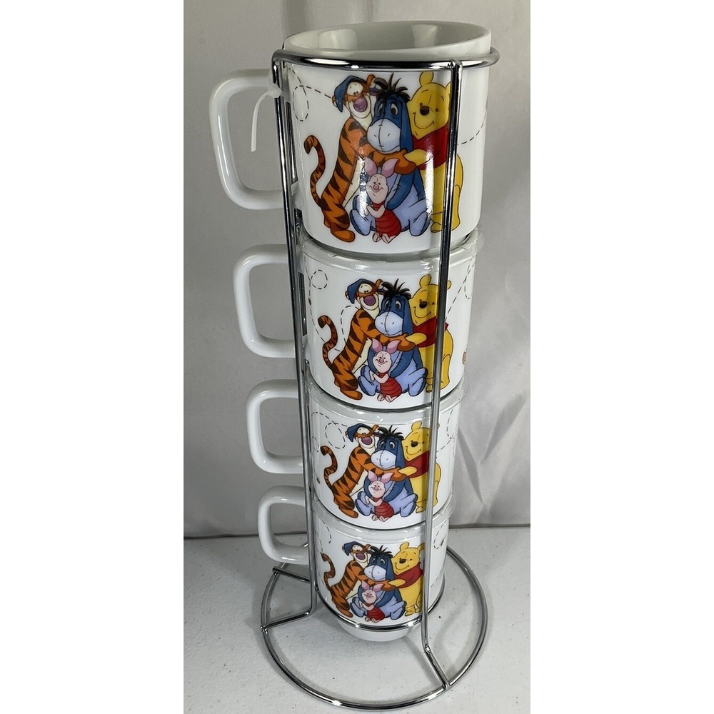 Disney Winnie The Pooh & Friends With Butterflies 4 Stackable Mugs With Stand